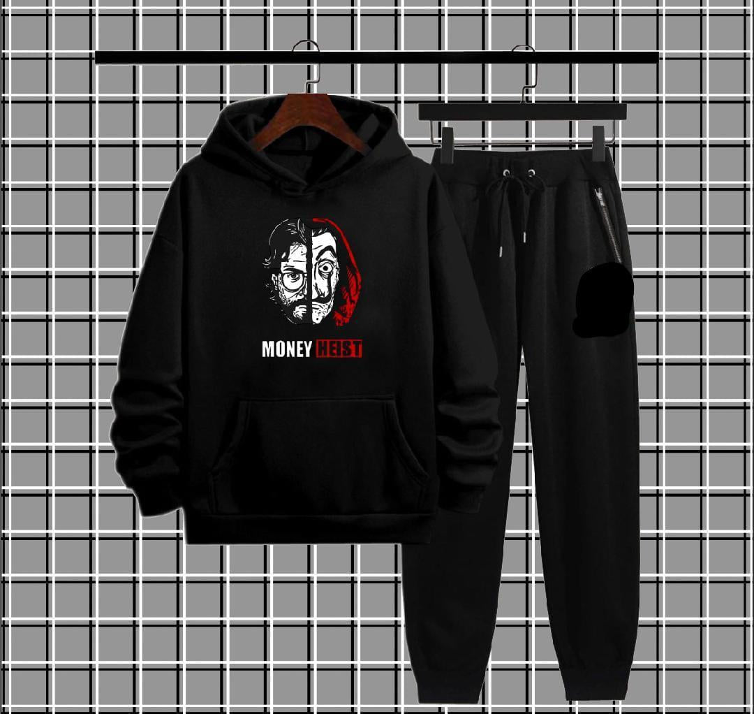 Men's Fleece Printed Hooded Tracksuit in Money Heist Printed