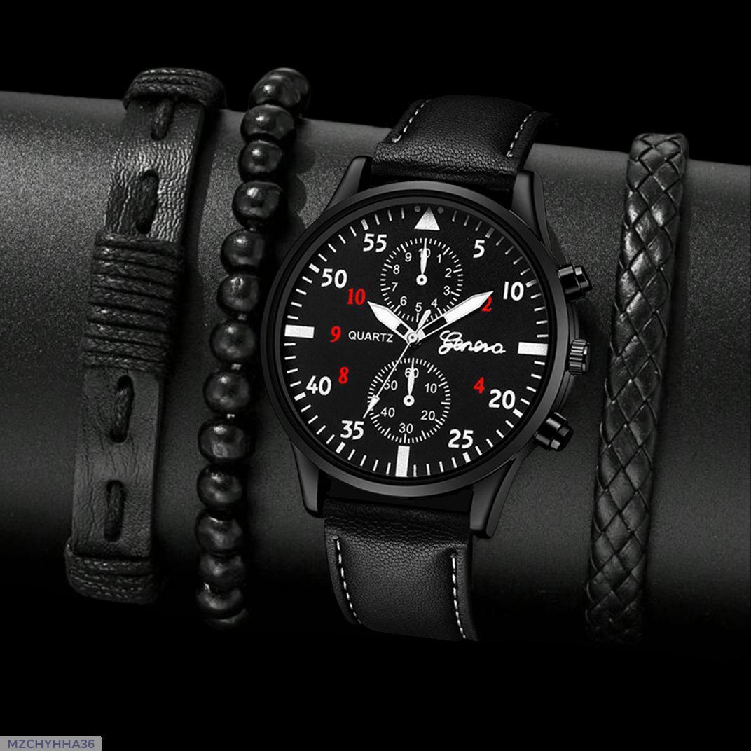 Men's Trendy Quartz Watch with 3-Piece Bracelet Set – Casual, Business & Sports Style