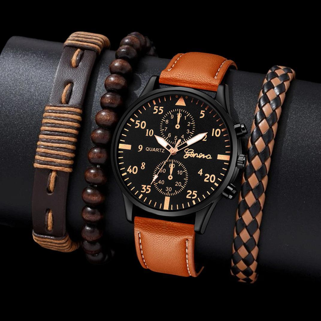 Men's Trendy Quartz Watch with 3-Piece Bracelet Set – Casual, Business & Sports Style