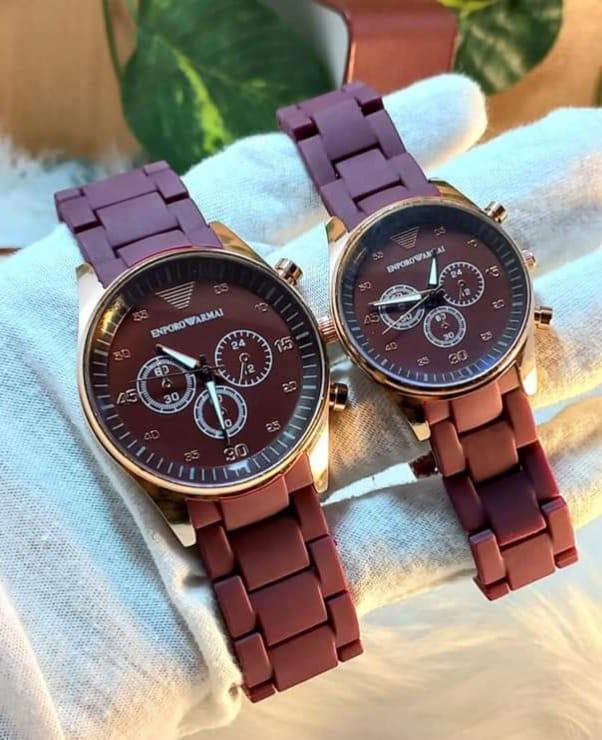 2-Piece Unisex Stainless Steel Chronograph Couple Watches – Round Dial, Multicolor Design