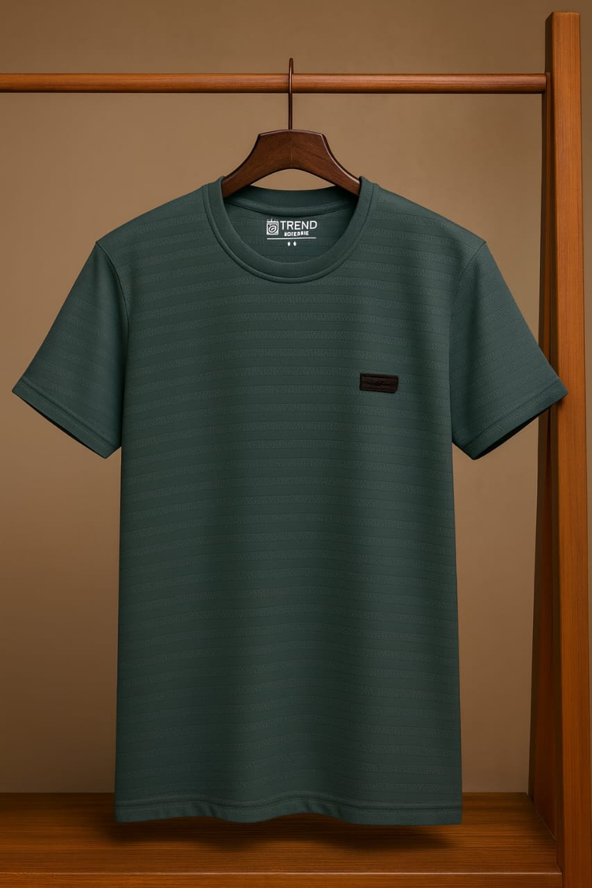  Men's premium jacquard T-shirt in teal green, short sleeves, crew neck, displayed on hanger – HOODIX

