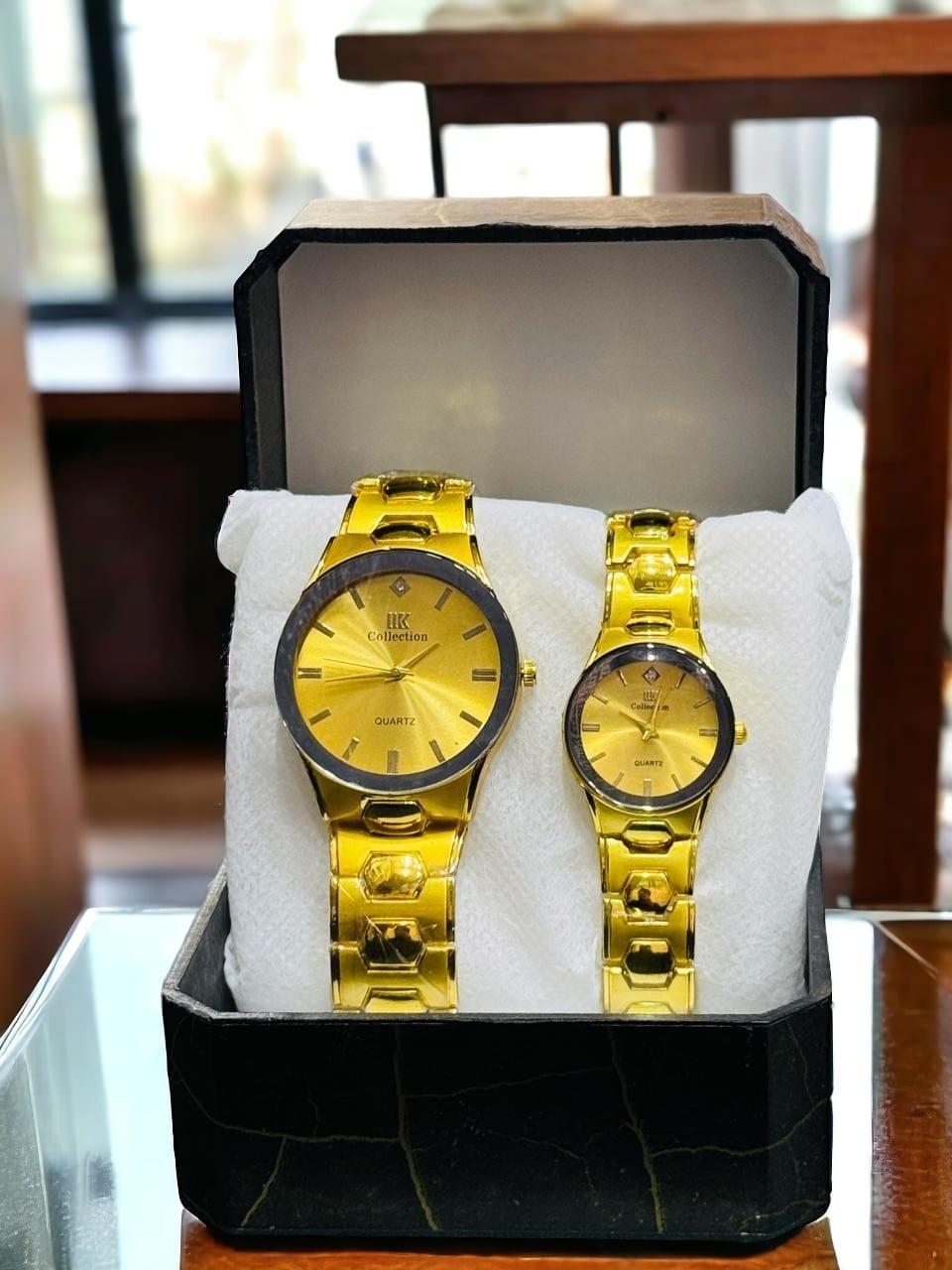 Luxury Black & Gold Couple’s Analog Watches – 2-Piece Stainless Steel Chain Set