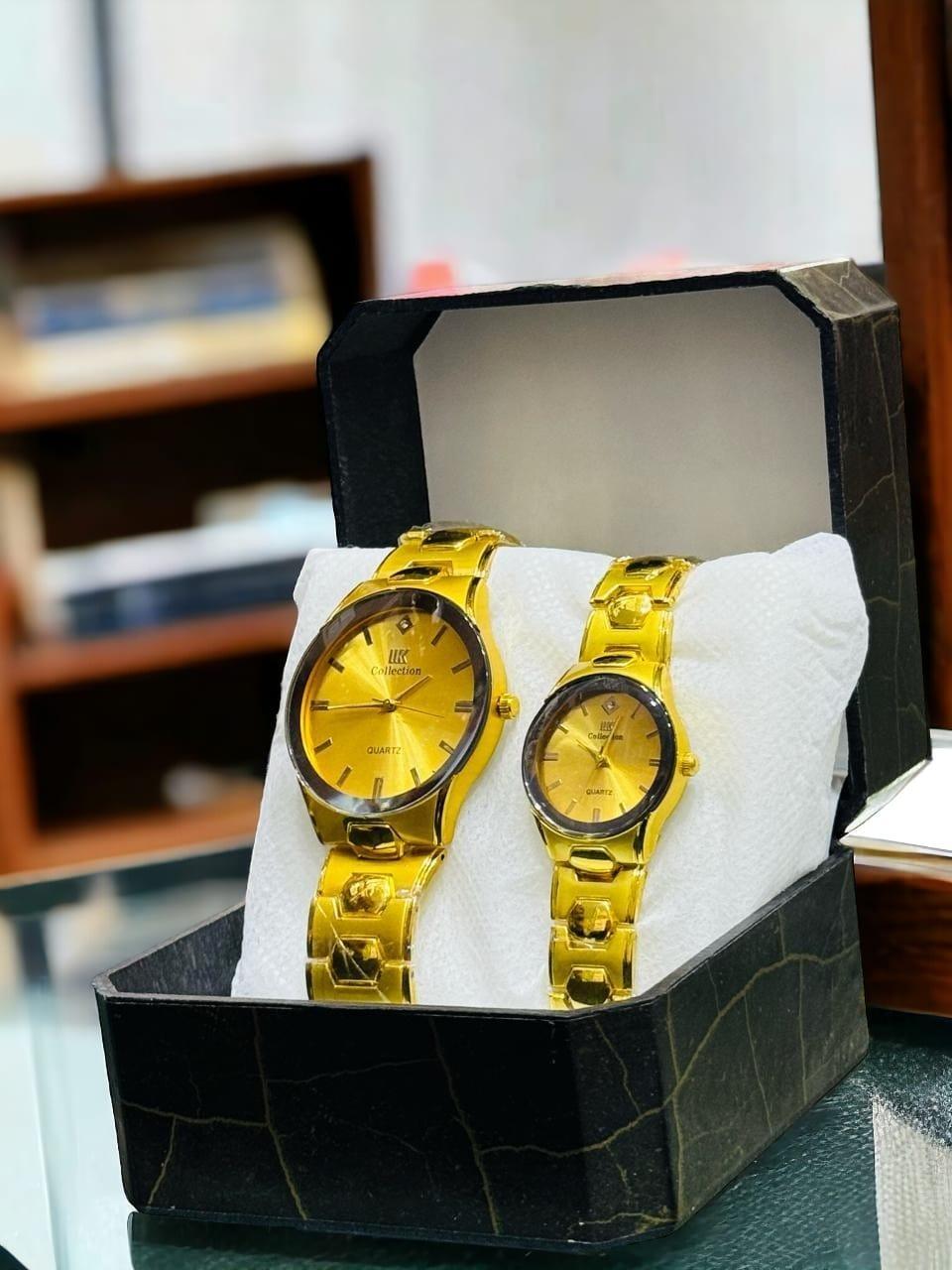 Luxury Black & Gold Couple’s Analog Watches – 2-Piece Stainless Steel Chain Set