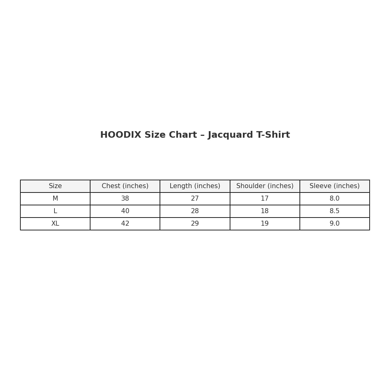 HOODIX size chart for Jacquard T-Shirts on a white background